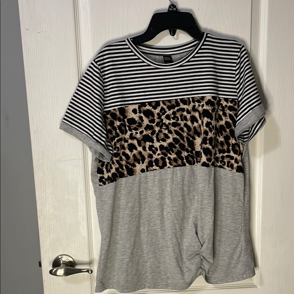 Striped and Leopard Print Short Sleeve Tee